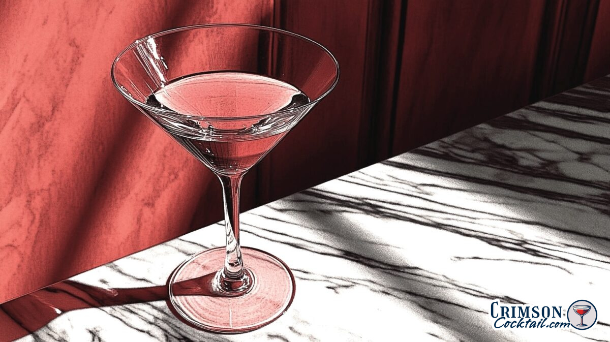 Martini glass in crimson backdrop.